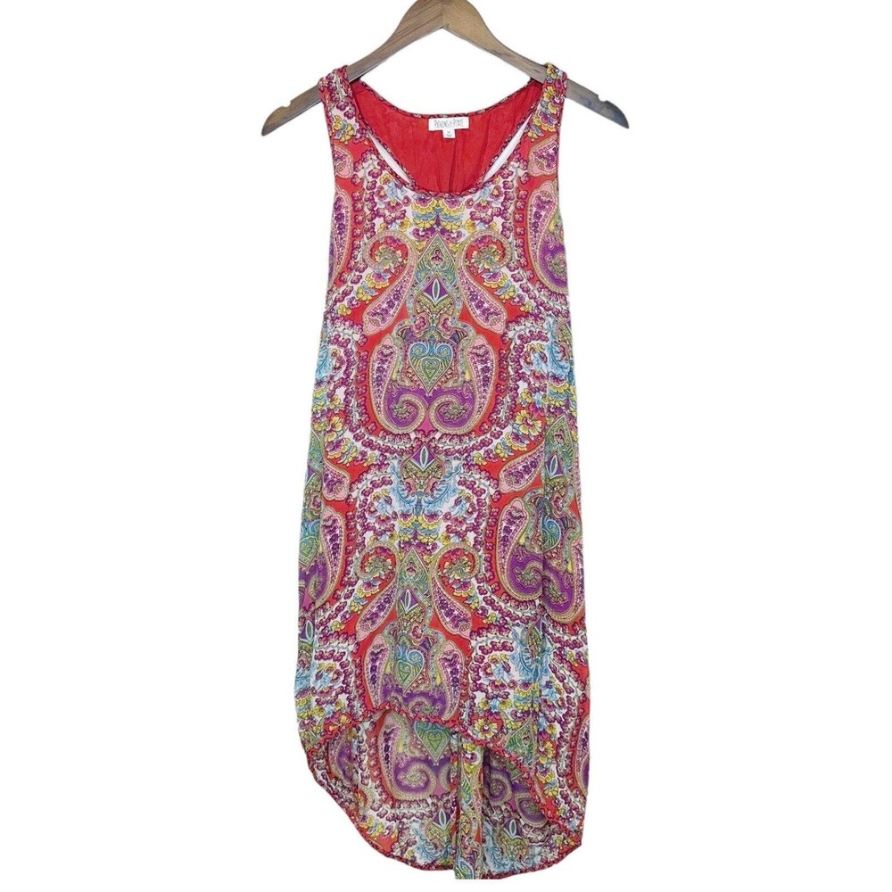 Patrons of Peace Red Floral Hi-Lo Razorback Tank Lined Boho Midi Dress Size M